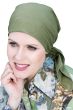 Woman in beige organic cotton square head scarf for cancer patients