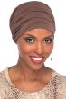 Woman in petite brown bamboo chemo turban with fabric layers for body on the head