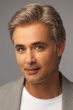 Man in a short brushed back dark ash blonde wig