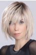 Woman in a  past the chin choppy platinum lace front wig with long bangs