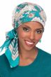 Woman in teal cotton floral head scarf for women