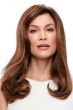 Woman in a semi-curly 18" medium auburn hair topper for thinning hair