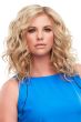 Woman in a 12" blonde curly human hair topper for thinning hair