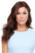 Woman in an 18" dark auburn human hair topper for thinning hair