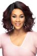 Black woman in a shoulder length dark burgundy full curly lace front wig with black roots