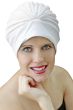 Woman in white turban style bathing cap or shower cap
