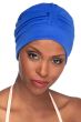 Woman in blue turban style swimming cap for women
