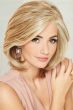 Woman in large short blonde bob lace front wig with a blow-out style and curled under ends