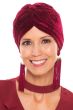 Woman in burgundy velour turban for women with cancer