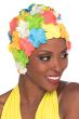 Woman in old fashioned multi color rubber swim cap with flowers all over it