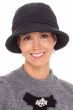 Woman in black quilted cloche style rain hat with beading