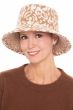 Woman in grey and white leopard print winter cloche or bucket hat for women