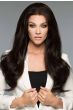 Woman in an extra long black wavy human hair wig