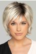 Woman in a short shaggy platinum bob lace front wig with wispy bangs