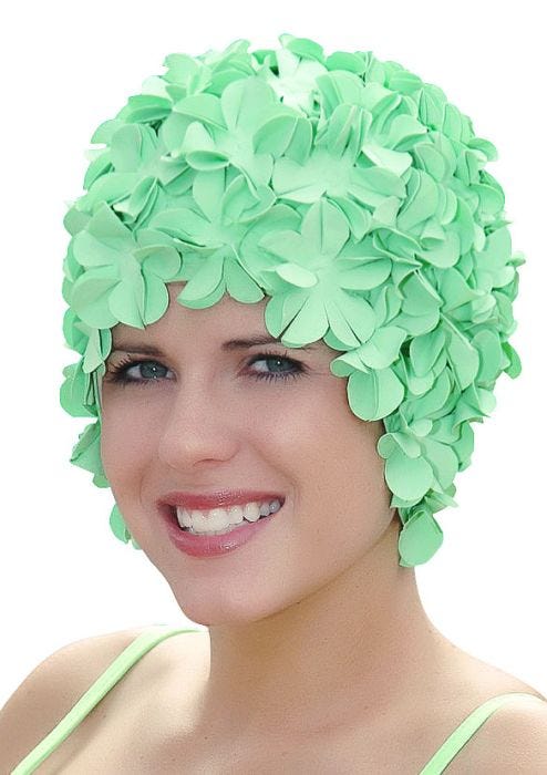 old fashioned flower swim cap in pastel green