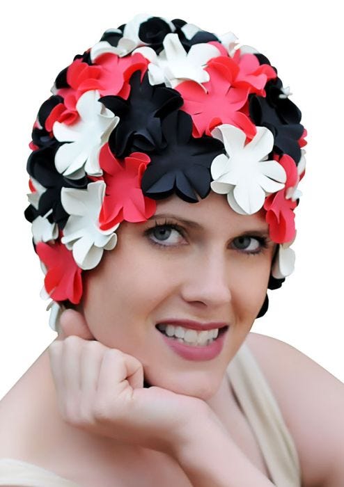 black, white and red old fashioned rubber flower swim cap
