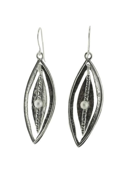 Sterling Silver Earrings | Hammered Leaf with Pearl