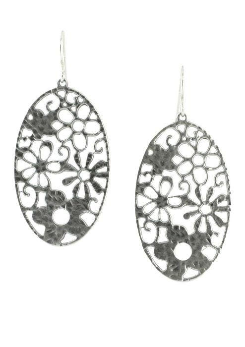 Sterling Silver Earrings | Oval Floral Motif Statement Earrings