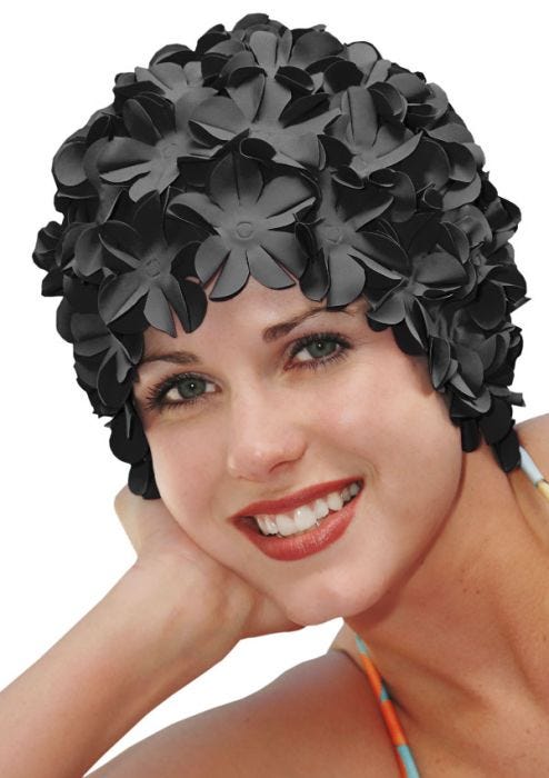 old fashioned rubber flower swimming cap in black - bathing cap for women
