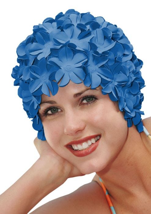 old fashioned flower bathing cap in royal blue
