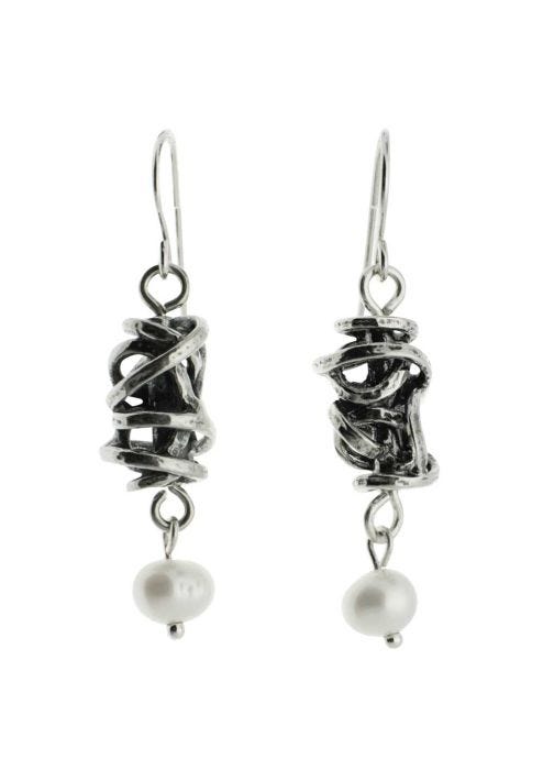 Sterling Silver Earrings | Abstract Wrap with Drop Pearl