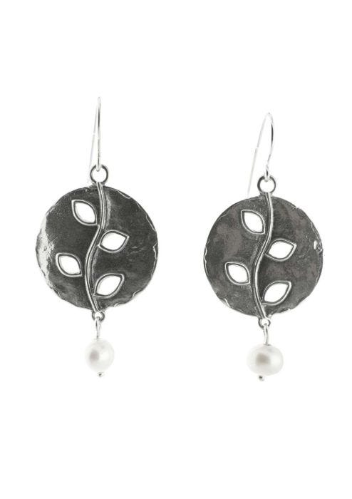 Sterling Silver Earrings | Oxidized Vine with Drop Pearl