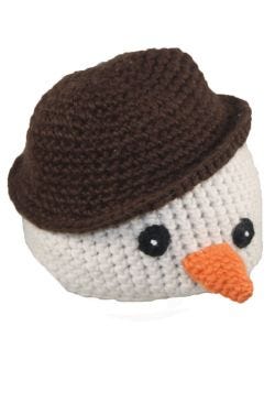 Crocheted hat for children that looks like a snowman