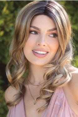 Woman in a 6" to 15" curly blonde lace front hair topper for thinning hair
