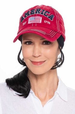 Women's khaki USA flag baseball cap with American flag on the front