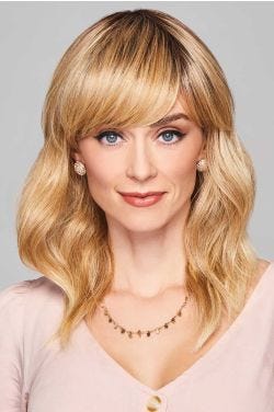 Long layered wavy wig with side-swept bangs and soft blonde highlights for natural everyday wear.