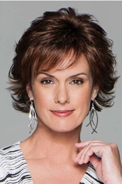 Woman in brunette long layered pixie lace front wig with side swept bangs