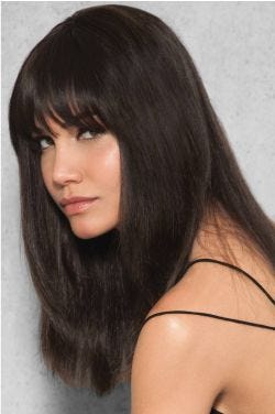 woman in dark brown human hair clip in bangs