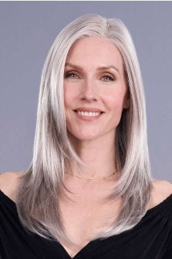 Woman in a long dark auburn lace front wig with middle part and face framing layers