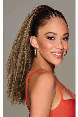 black woman wearing crimped ponytail hairpiece