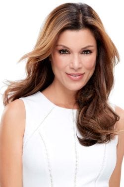 Woman in an 18" medium auburn wiglet hair topper