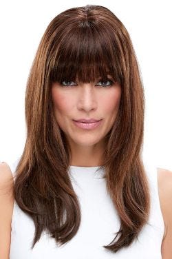 Woman in dark auburn clip in heat resistant fringe bangs