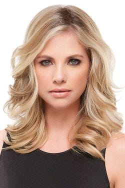 Woman in a 12" blonde hair topper for thinning hair