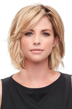Woman in a 6" to 8" blonde hair topper for thinning hair