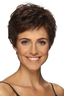 Woman in a dark auburn classic pixie wig