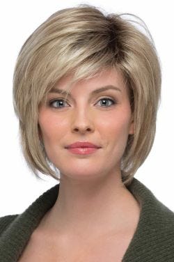 chin length layered wig with side swept bangs and a rounded shape