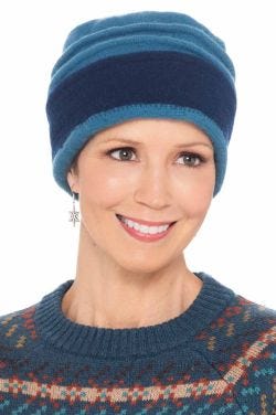 Women in 2 tone cute blue wool winter beanie hat with pleats on crown for height