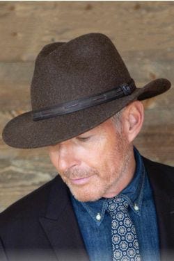 Older man in brown winter wool felt outdoor brimmed men's safari hat