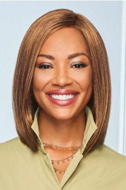 African American woman in a straight shoulder length medium brown lace front wig