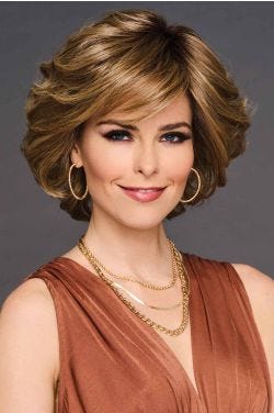 Woman in a medium blonde curly layered lace front bob wig