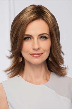 Woman in a 10" light brown hair layered hair topper for thinning hair
