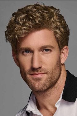Black man in a curly dark brown close cropped lace front wig