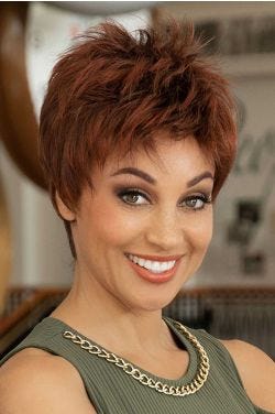Woman in a messy light brown pixie wig