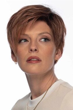 Woman in a light brown lace front pixie wig with longer layers on top