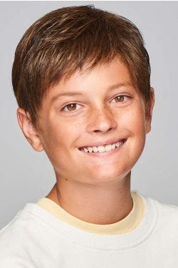 Young boy in a short layered medium brown children's wig