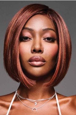 African American woman in a past the chin dark red angled lace front bob wig